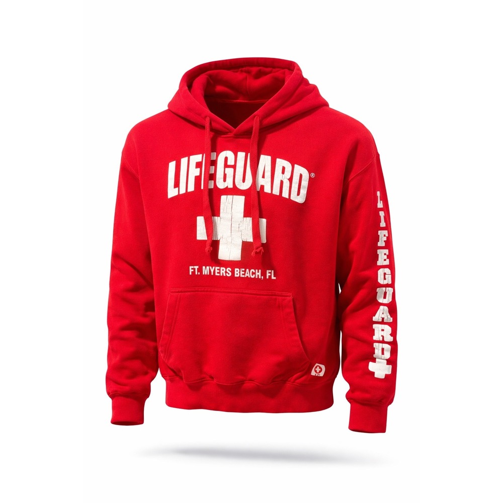 Lifeguard Hoodie Red Ft Myers Beach FL Pullover Sweatshirt large travel‎ swim